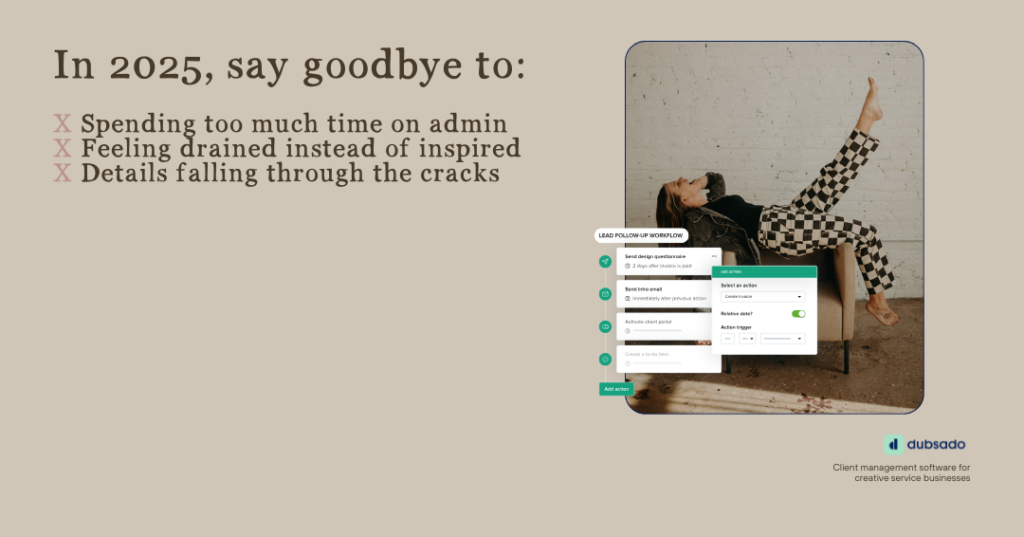 Visual workflow showing Dubsado features like forms, invoices, and client emails.