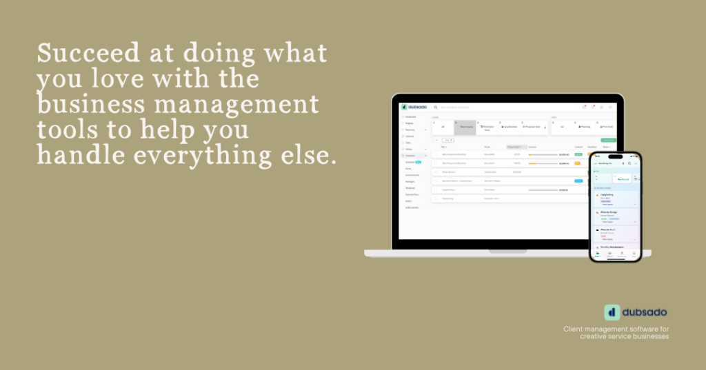 Dubsado dashboard showing client workflow and project tracking tools.